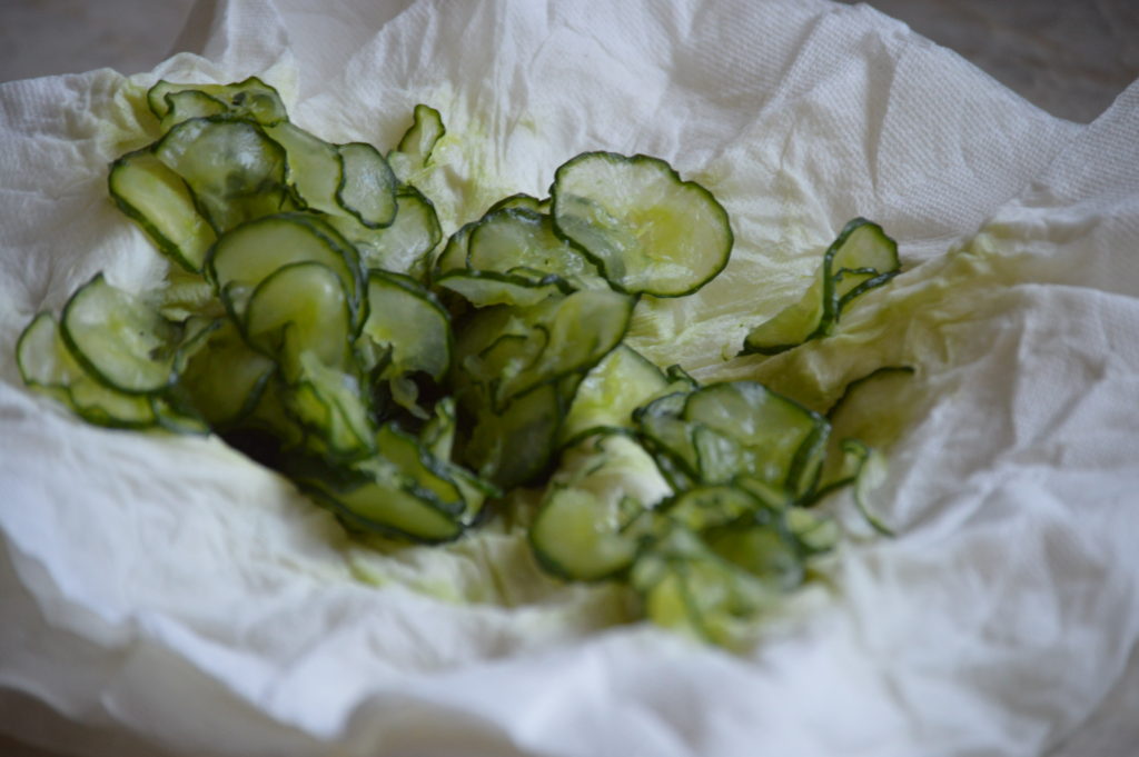 the cucumbers ready to be tossed in the sunomono sauce