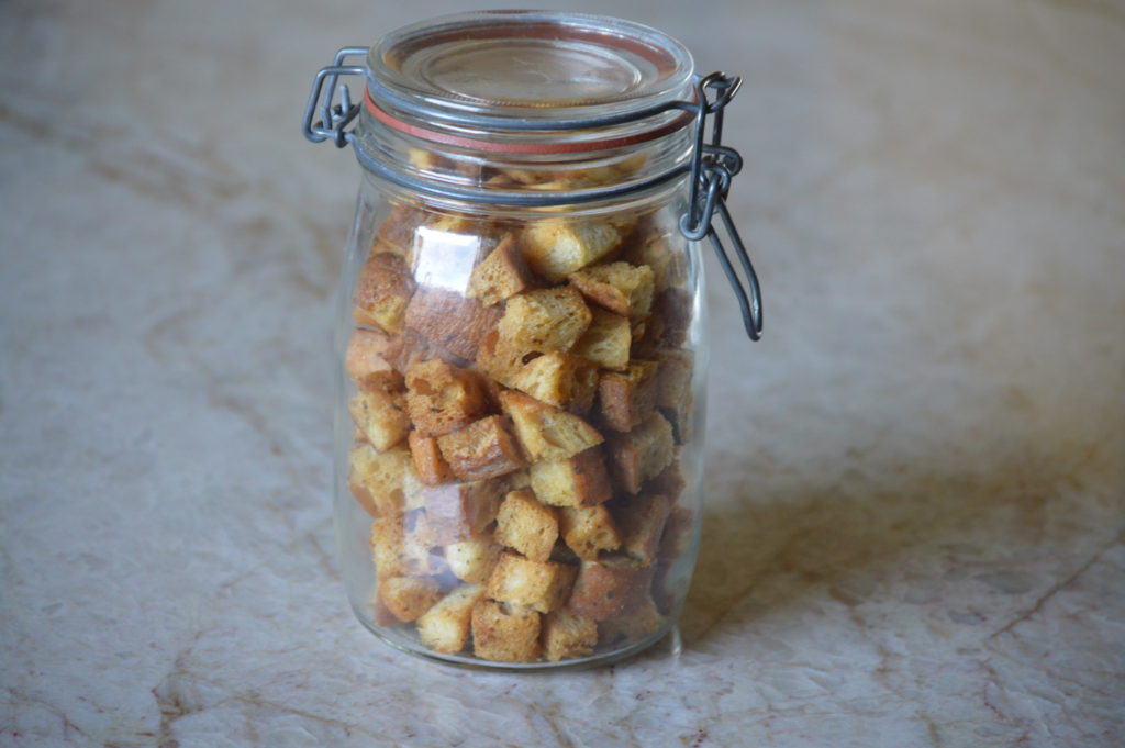 the croutons in a container