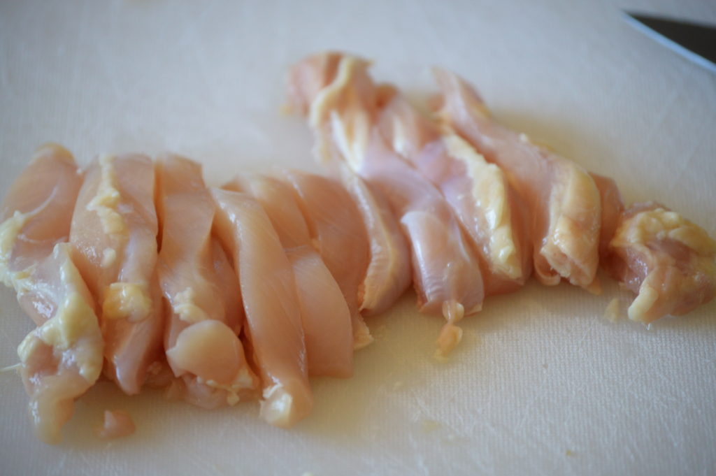 the chicken thighs cut into strips