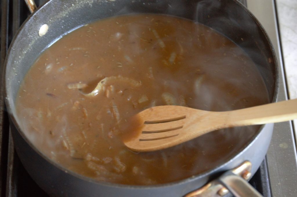 liquid added to the pan to make the gravy