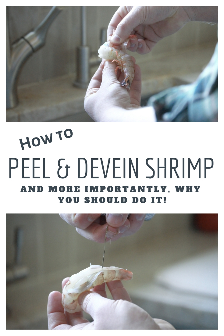 Title image showing hand both peeling & deveining shrimp. In the middle text reads how to peel & devein shrimp
