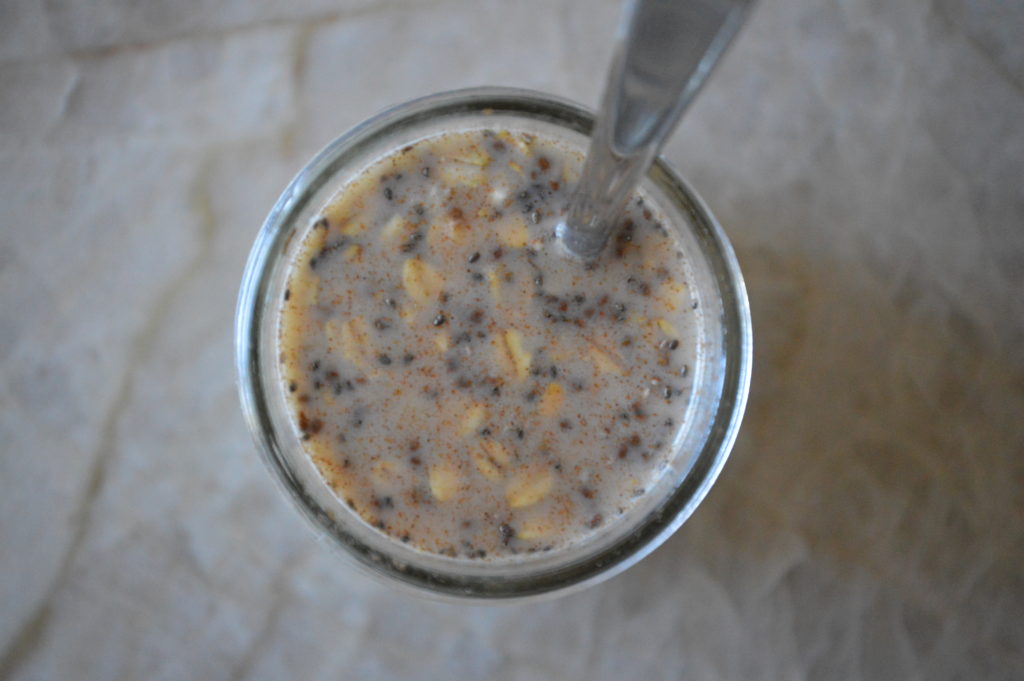 milk is added to the overnight oats and stired in
