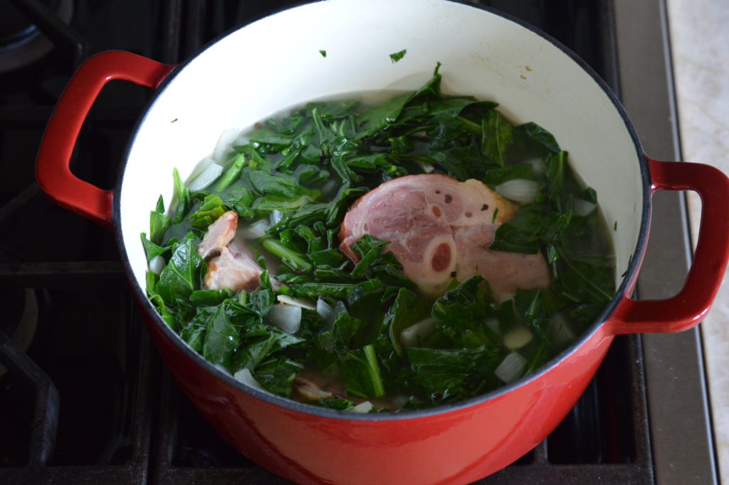 the ham hock and water added to the pot