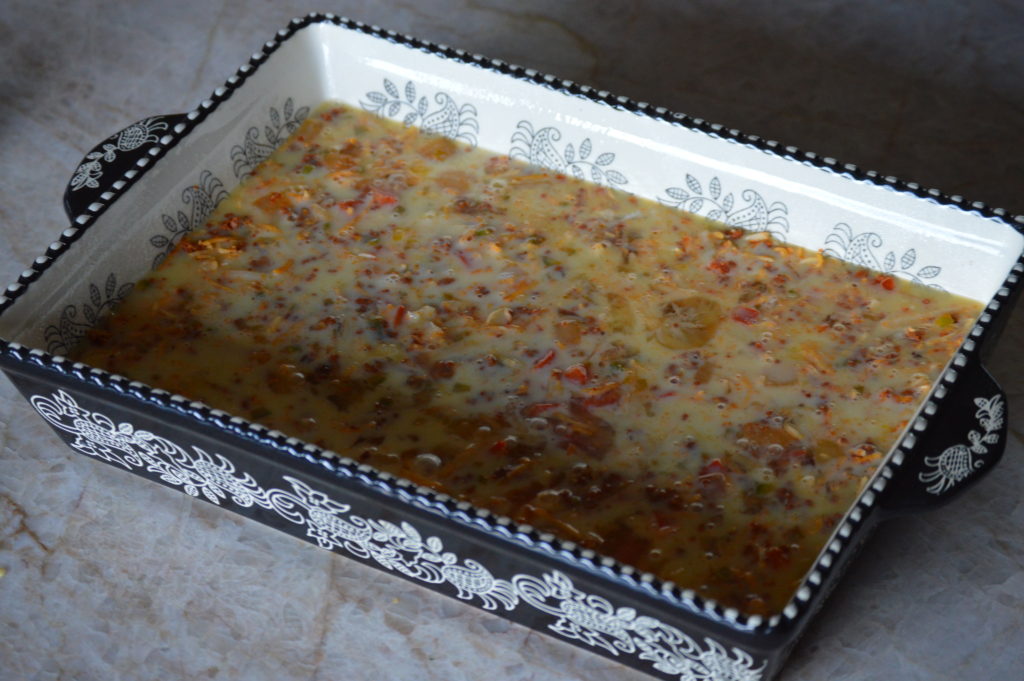 the egg mixture added to the southwest breakfast casserole