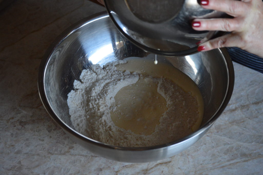 wet ingredients added to dry ingredients