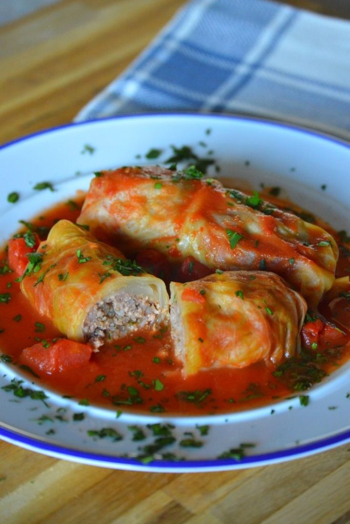 a sliced open cabbage roll
