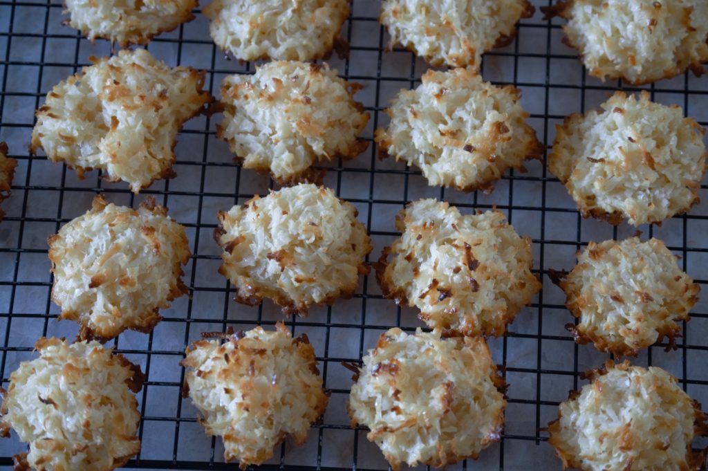 letting the coconut macaroons cool off on a rack