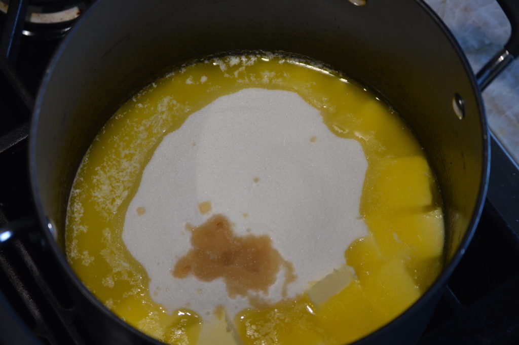 the melted butter sugar and vanilla in a pot