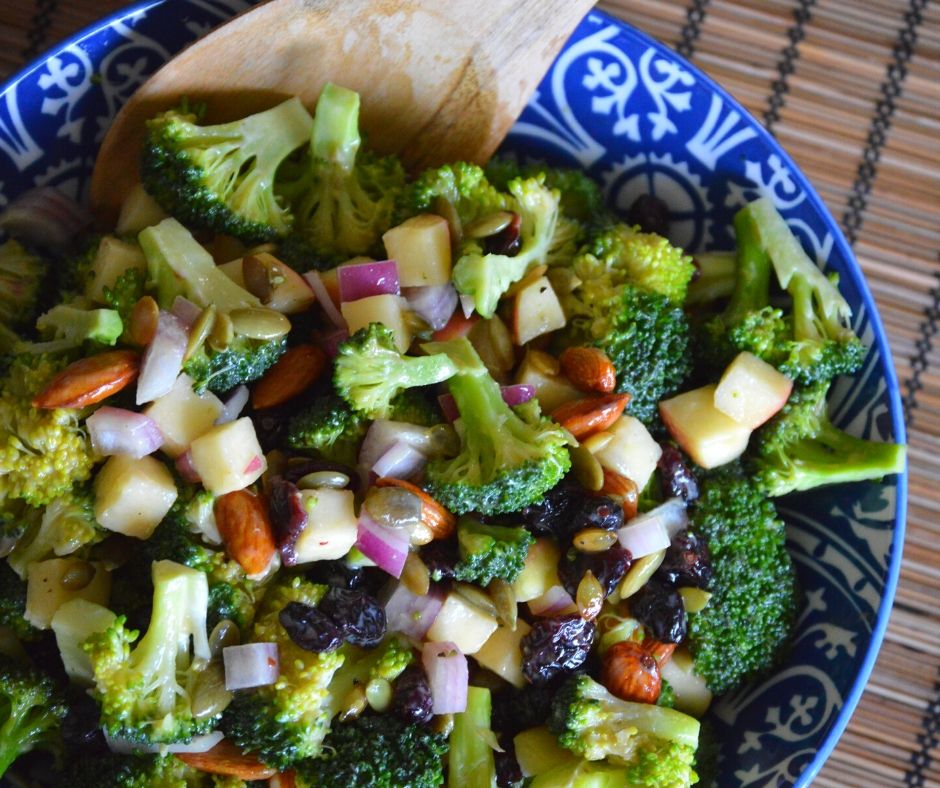 the finished broccoli salad served in a bowl