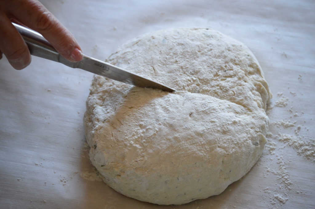 scoring the no-knead bread dough
