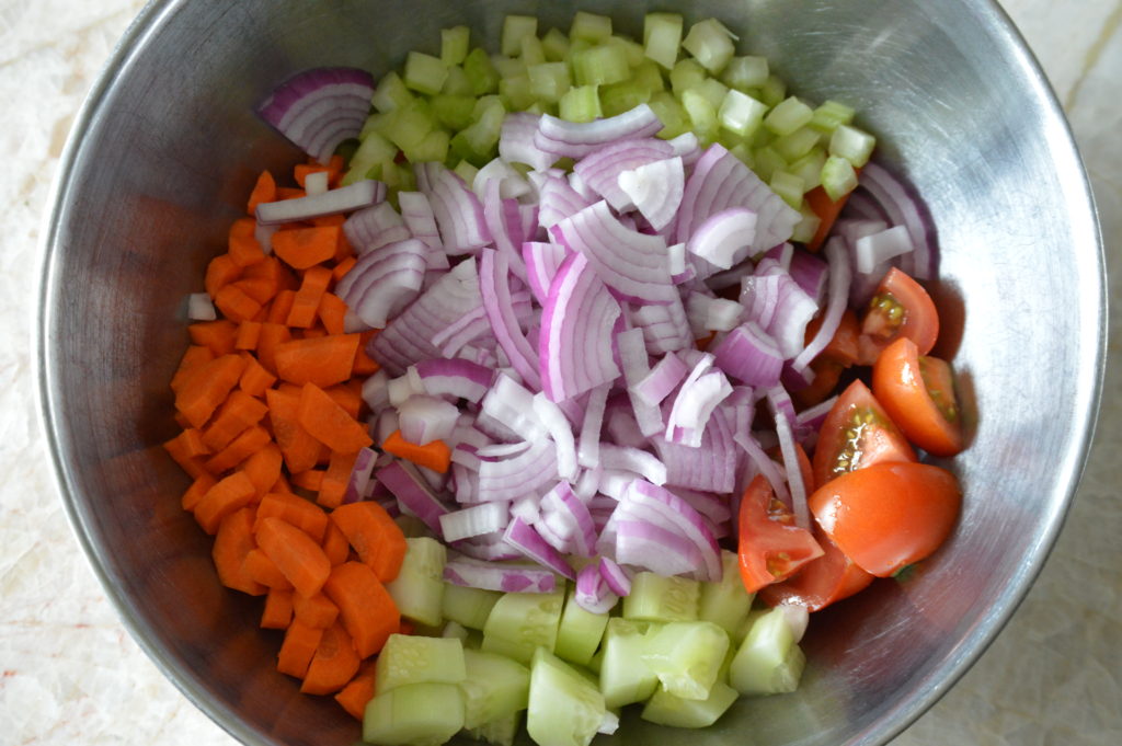 the cut up vegetables in a bowl