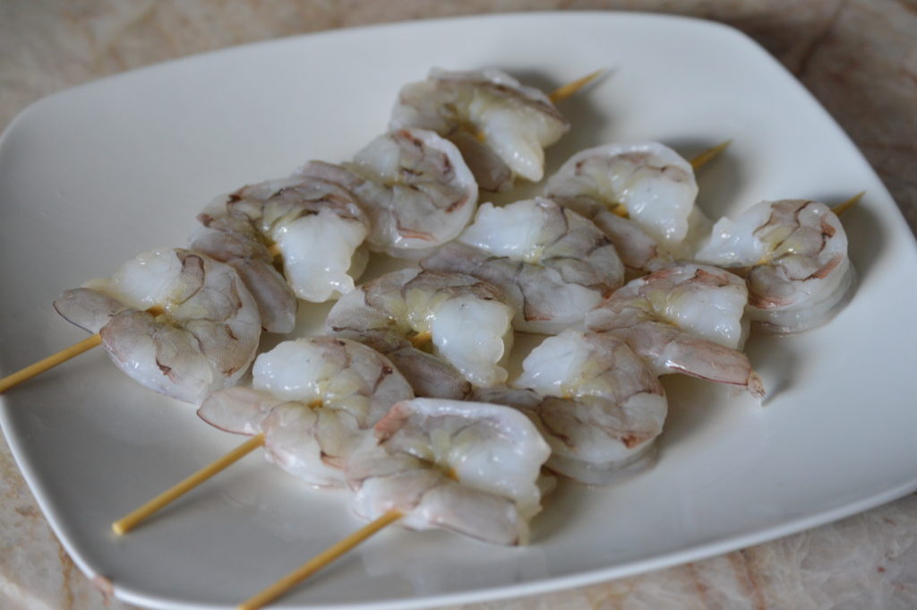 the shrimp are all skewered