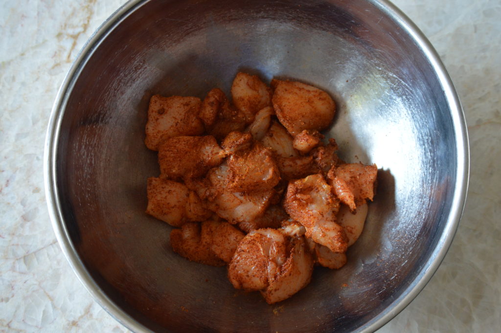 the chunks of chicken coated in spices