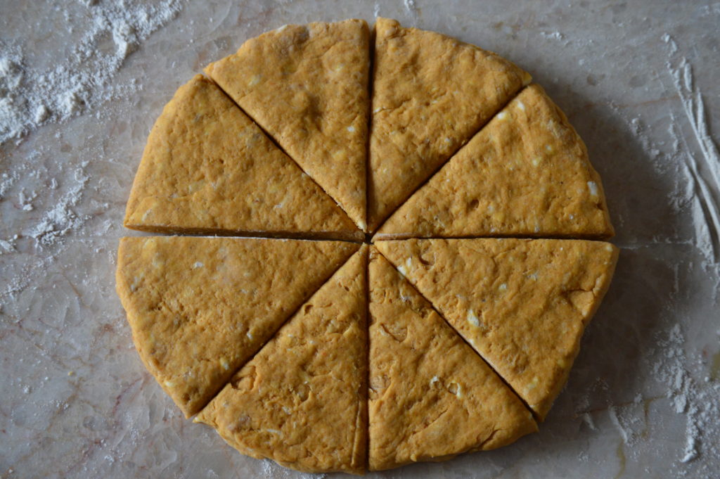 the pumpkin scones cut into 8 pieces