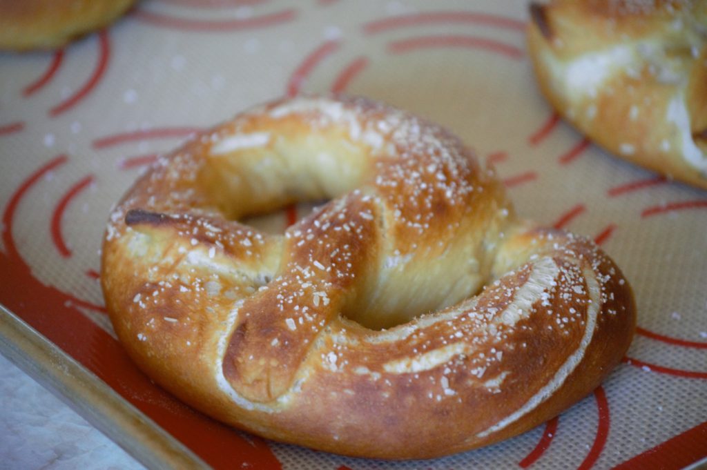 the soft pretzel out of the oven