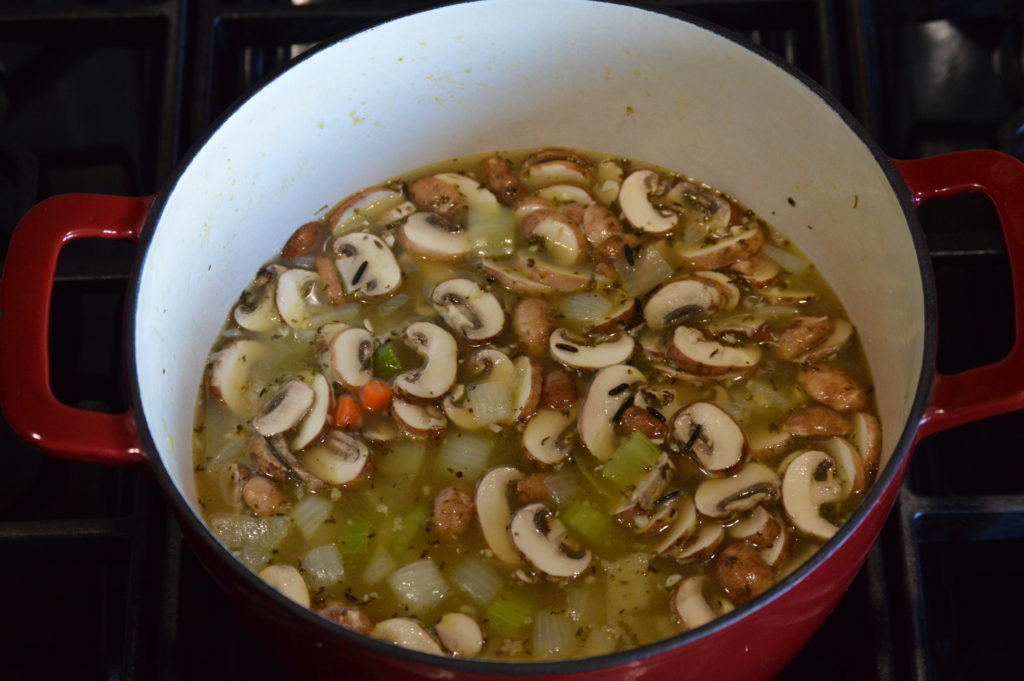 the mushrooms, stock, and wild rice added to the soup