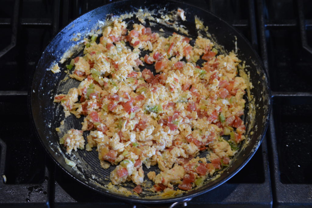the eggs are added and scrambled