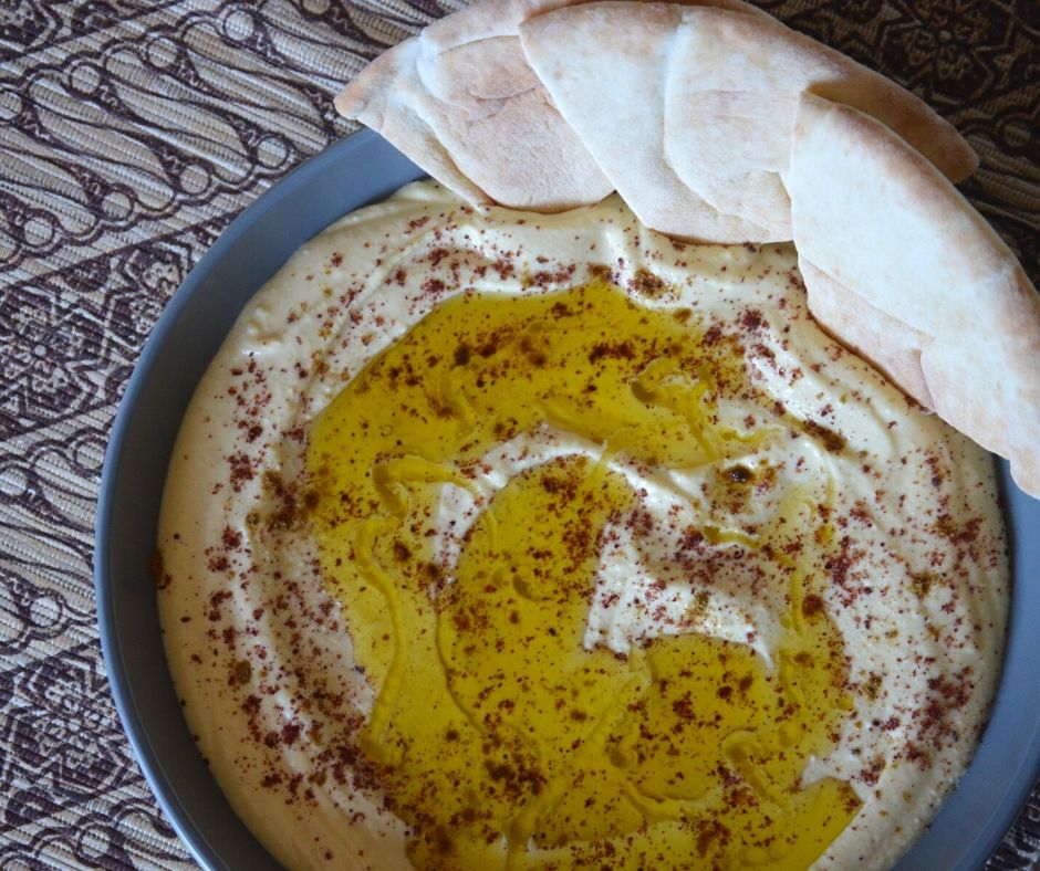the finished hummus with some pita bread