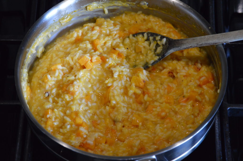 the cheese, butter, and squash are stired into the risotto at the last minute