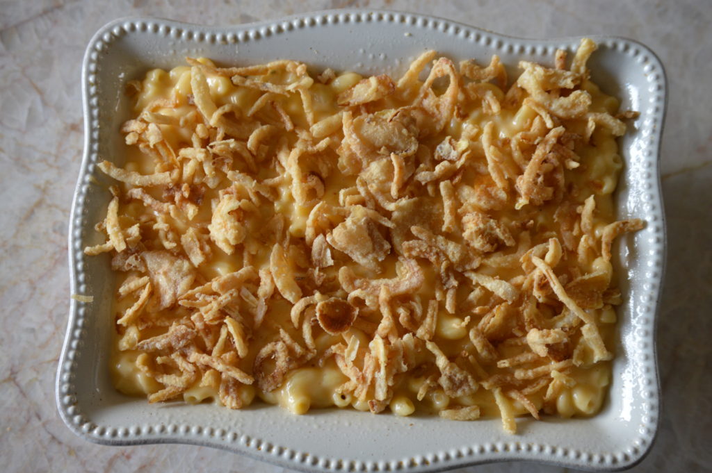 the mac & cheese is ready for baking