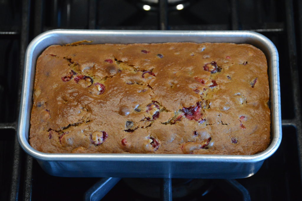 the cranberry bread is fully baked and out of the oven