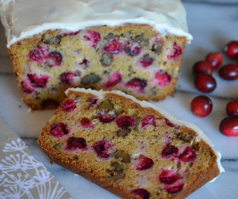 the finished cranberry bread sliced