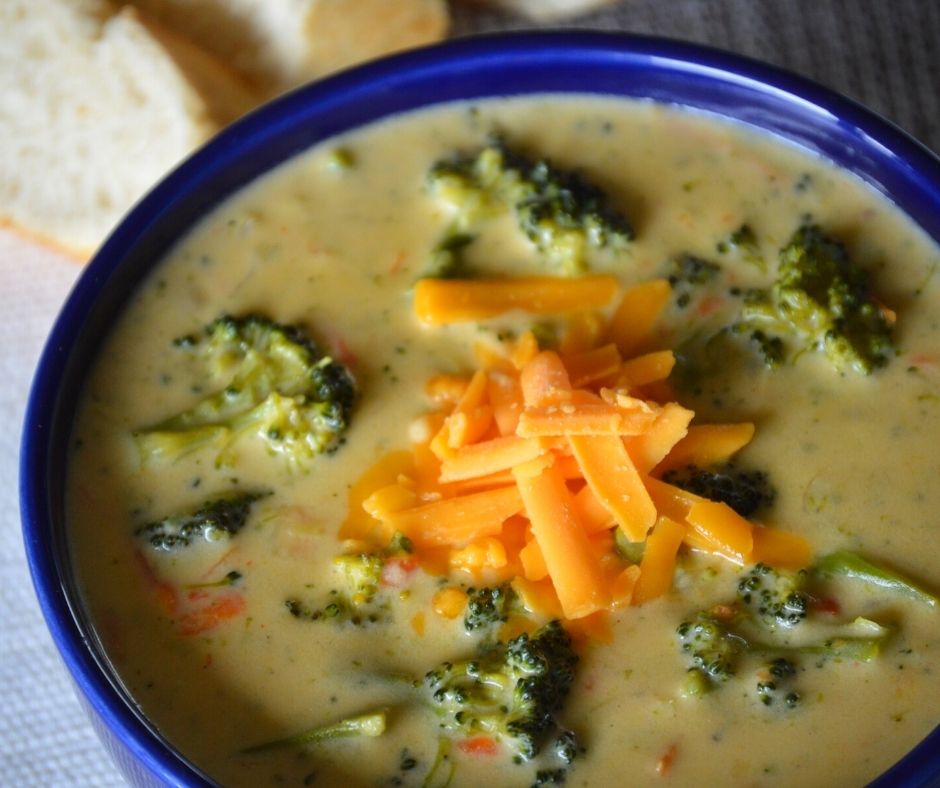 a bowl of the finished broccoli cheddar soup