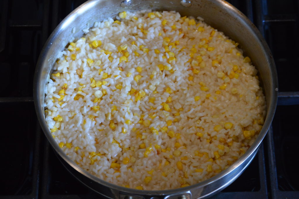 the roasted corn is added to our risotto
