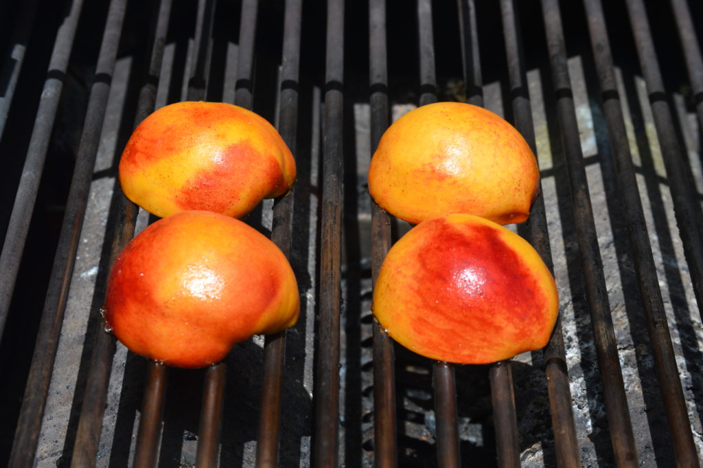 the peaches are on the grill