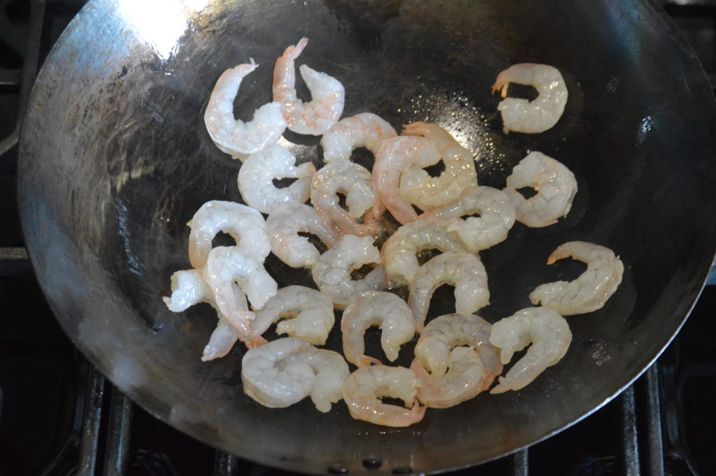 stir frying the shrimp