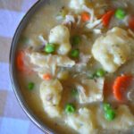 a bowl of the finished chicken & dumplings