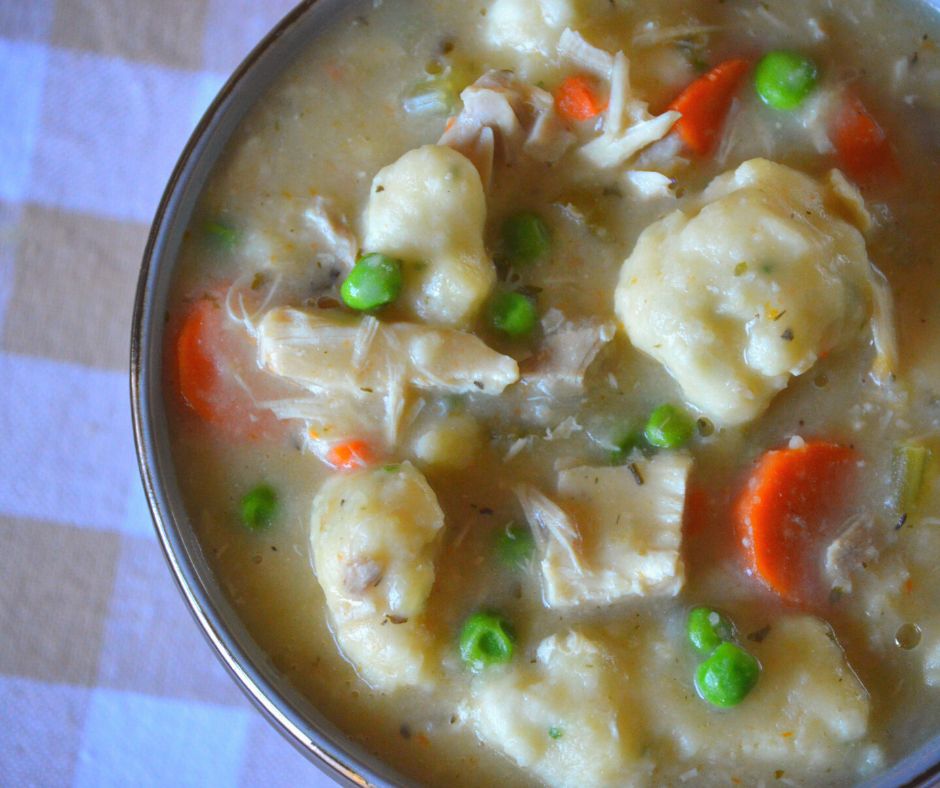 a bowl of the finished chicken & dumplings