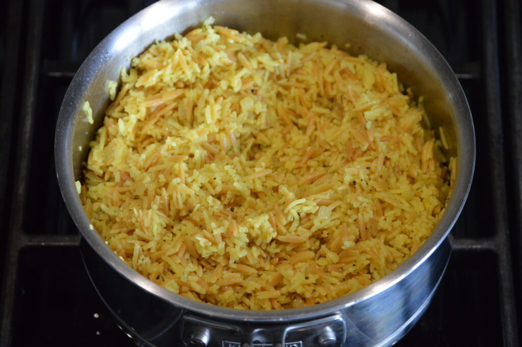 the rice pilaf is fluffed after cooking