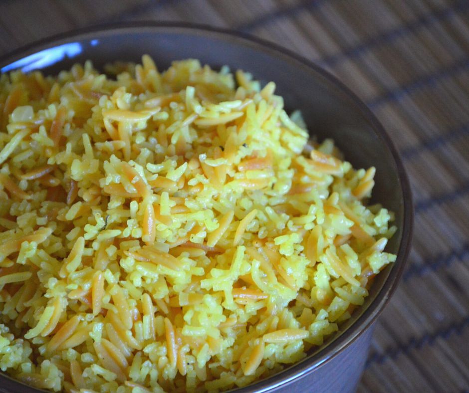 a bowl of the finished rice pilaf