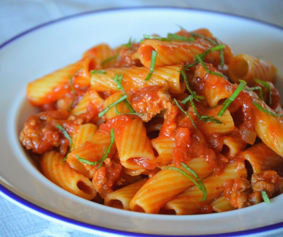 the finished rigatoni with sausage sauce