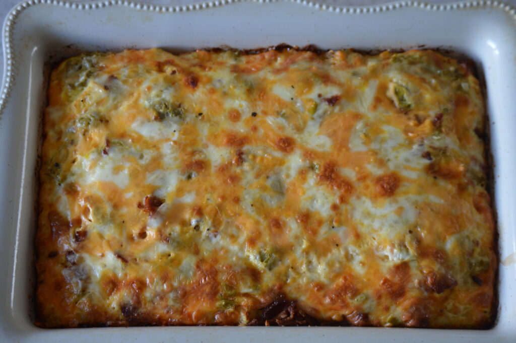 the finished bacon & green chili breakfast casserole fresh out of the oven