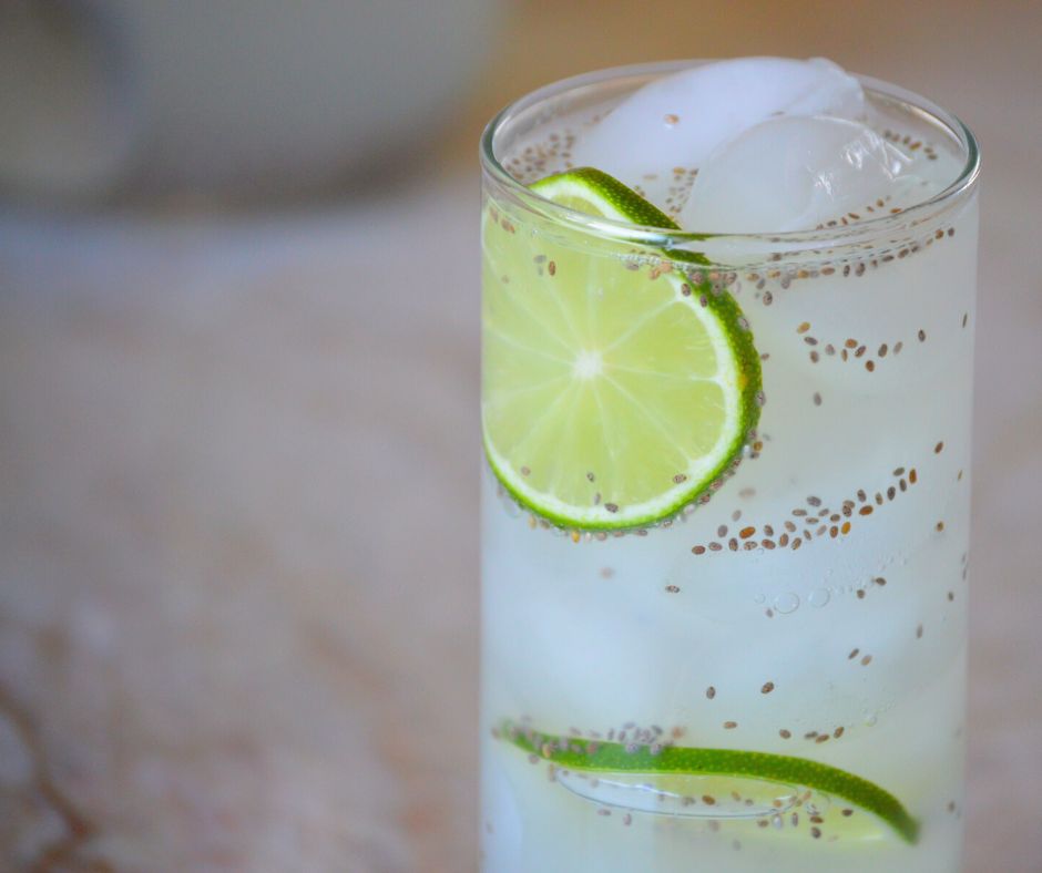 an ice cold glass of agua de limon con chia
