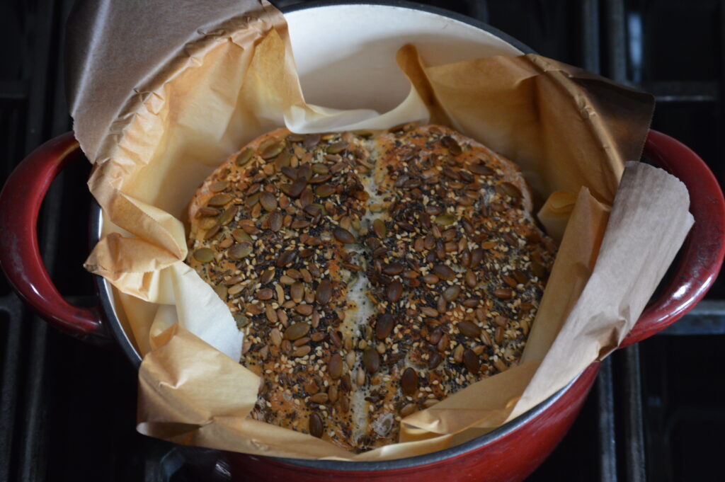 the seeded no-kneed bread is fully baked